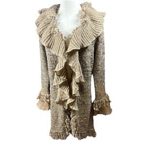 VTG 90's Sloni Wool Blend Brown Open Ruffled Knit Cardigan Sweater Women’s L